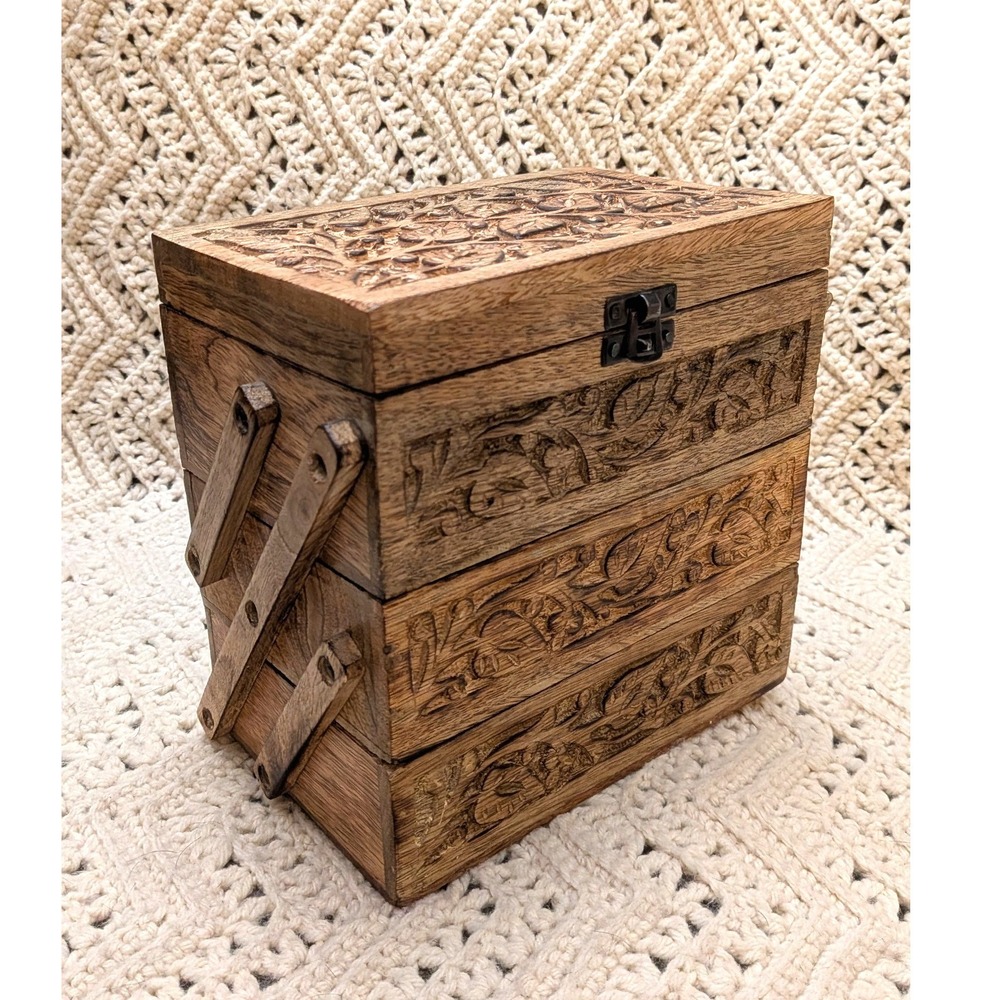 Hand Carved Wooden Cantilever Jewelry Box 3 Tier Accordion Floral Mirror India